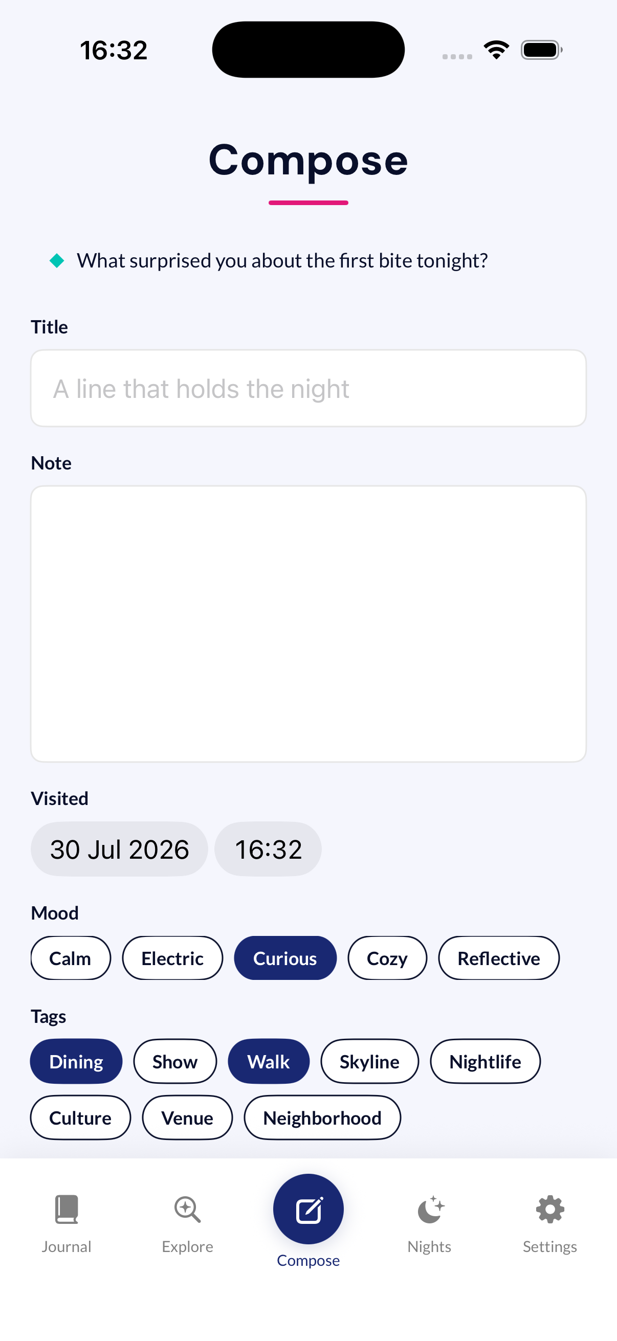 Compose screen with mood and tag chips