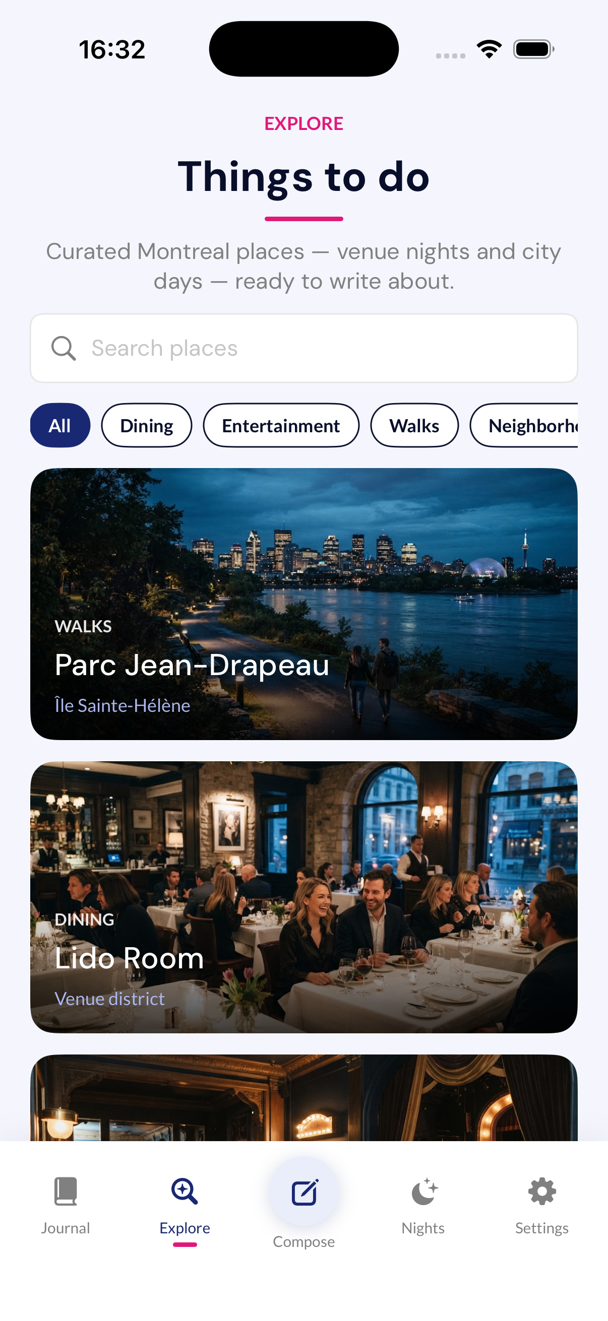 Explore screen showing curated Montreal place cards