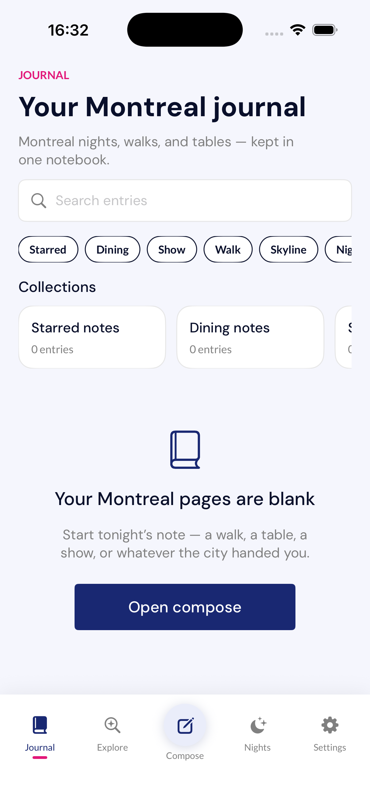 Journal screen with empty-state prompt to start a note