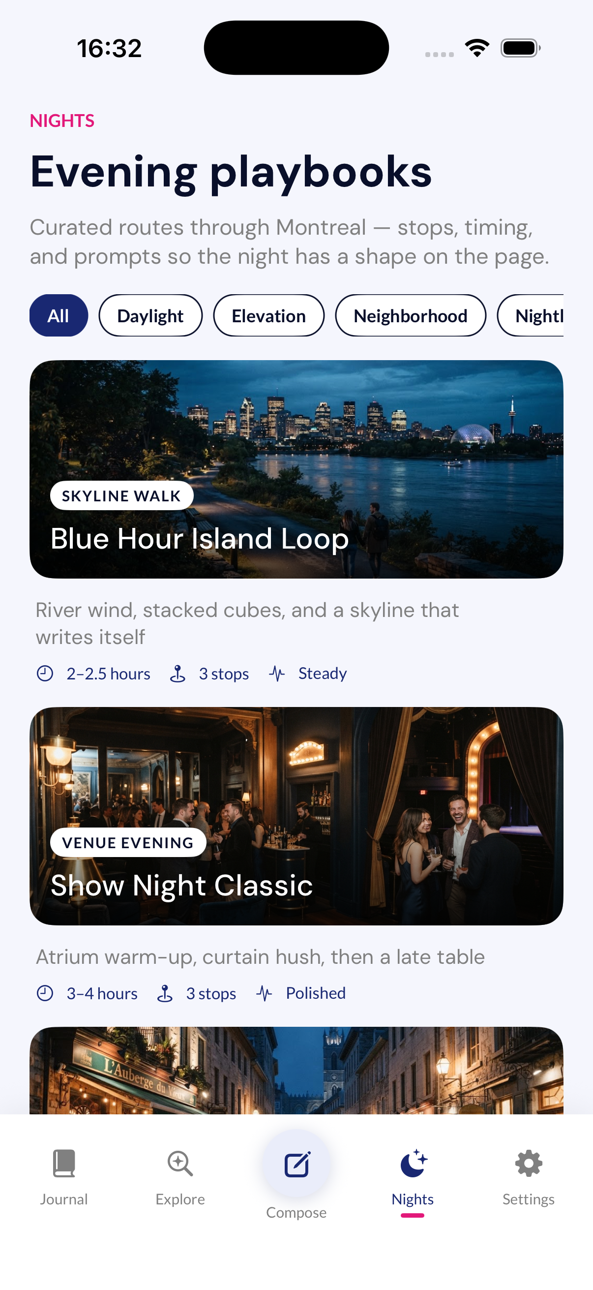 Nights screen with evening playbook cards