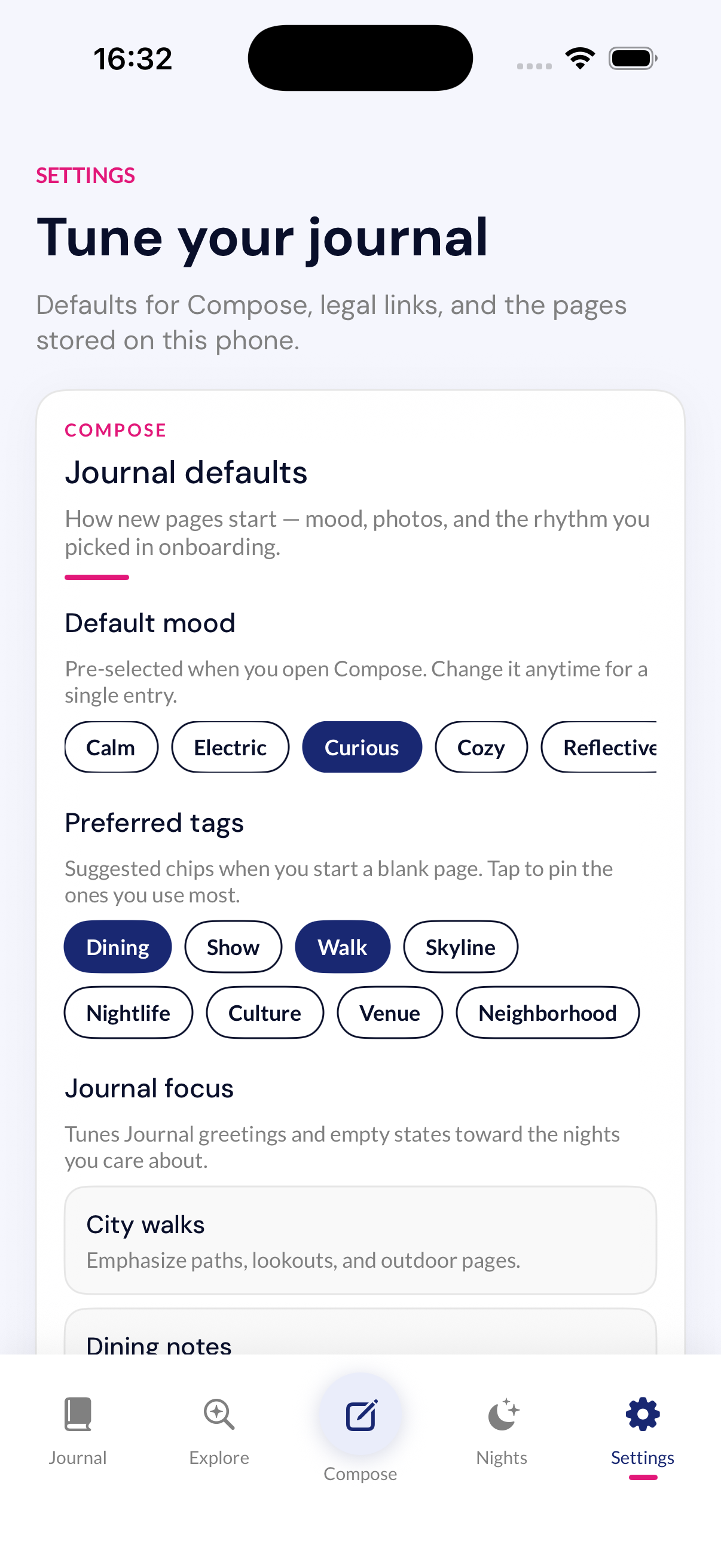 Settings screen for journal defaults